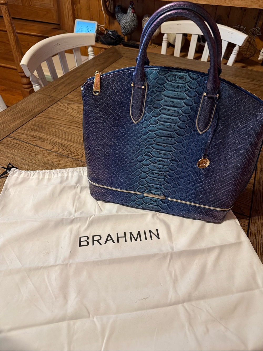 Brahmin Navy Embossed Leather Satchel with Gold Accent and Wallet